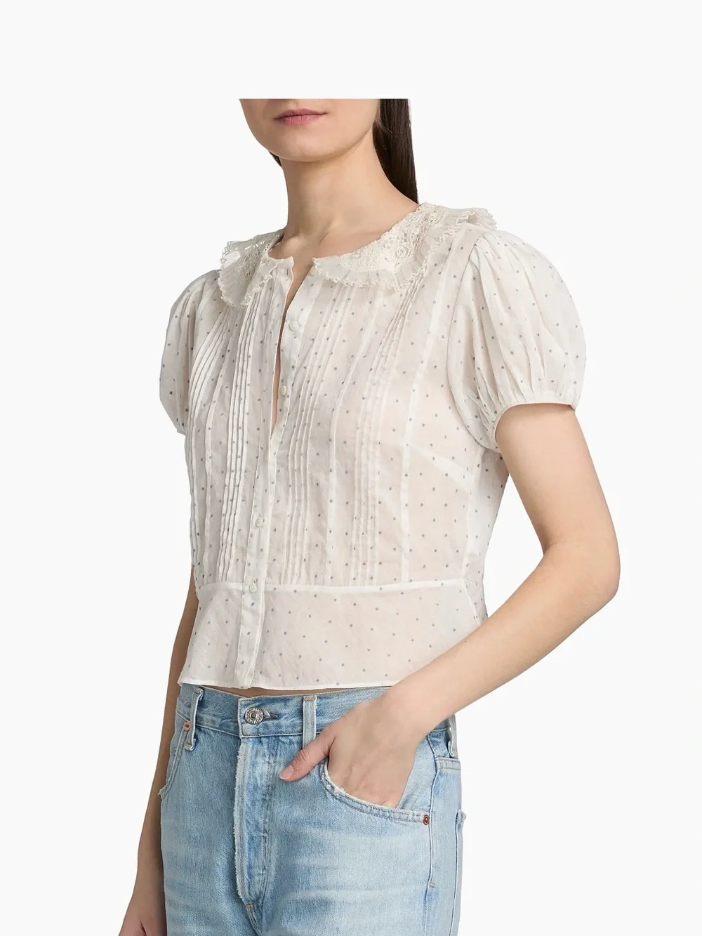 Doen Ivory Swiss Dot Lace-Collar Pintuck Blouse